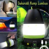 Dekoratif Outdoor Kamp Lambası Ledli Beyaz Işıklı El Feneri Işıldak Şarjlı Masa Gece Lamba Yeşil - 5