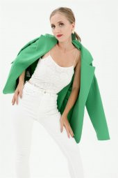 Düşük Omuz Kemerli Atlas Kumaş Blazer Ceket - Yeşil - 3