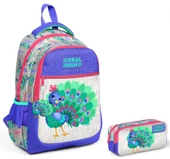 Coral High Mavi Yeşil Tavuskuşu İlkokul Ortaokul Sırt Çantası ve Kalemlik Seti - 1