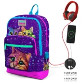 Coral High Mor Kediler İlkokul ve Günlük Sırt Çantası - Kız Çocuk - USB Soketli - 2