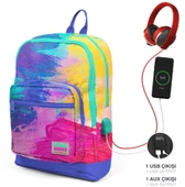 Coral High Renkli Fırça Darbeleri İlkokul ve Günlük Sırt Çantası - Kız Çocuk - USB Soketli thumbnail 2