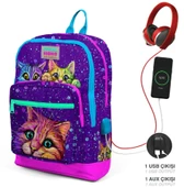 Coral High Mor Kedi USB Soketli Üçlü İlkokul Çanta Seti - Kız Çocuk thumbnail 3