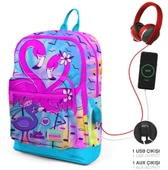 Coral High Mavi Pembe Flamingo USB Soketli Okul Çantası ve Kalemlik Seti - Kız Çocuk thumbnail 2