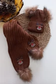 MARS BABY Kız Erkek Unisex Bebek Çocuk Taba Kahve Geyik Figürlü Ponponlu Atkı Bere Takımı - 1