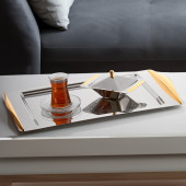 Nehir Kuzey Sade Altın Kulplu 18/10 Paslanmaz Çelik Çay Kahve Servis Tepsisi 48 x 31 cm - 1