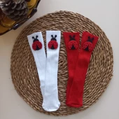 MARS BABY Kız Bebek Beyaz Kırmızı Uğur Böceği Keçe Figürlü Dizaltı Çorap - 1