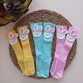 MARS BABY Kız Bebek Sarı Pembe Mint Nakışlı Tavşan Keçe Figürlü Dizaltı Çorap - 1