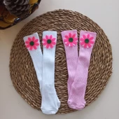 MARS BABY Kız Bebek Beyaz Pembe Çiçek Papatya Keçe Figürlü Dizaltı Çorap - 1