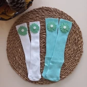 MARS BABY Kız Bebek Beyaz Mint Çiçek Keçe Figürlü Dizaltı Çorap - 1