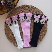 MARS BABY Kız Bebek Beyaz Pembe Siyah Mickey Minnie Mouse Keçe Figürlü Dizaltı Çorap - 1
