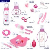 Mega Cam Biberon Set, Pembe Hediye Biberon Seti, Önlük Silikon Kaşık Emzikler Burun Aspiratörü Hediyelik Bebek Cam Biberon Seti - 1