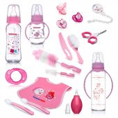 Mega Cam Biberon Set, Pembe Hediye Biberon Seti, Önlük Silikon Kaşık Emzikler Burun Aspiratörü Hediyelik Bebek Cam Biberon Seti - 3