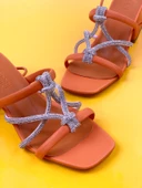 Basskan Keme Turuncu Topuklu Bilekten Bağlamalı Taşlı Sandalet Ayakkabı - 3