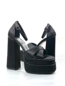 Basskan Renc Siyah Saten Yüksek Çift Platform Topuklu Sandalet - 2