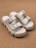 Basskan  Bej Terr Yüksek Konfor Ortopedik Taban Çift Bant Cilt Sandalet Terlik thumbnail 1