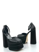 Basskan Poon Siyah Saten Yüksek Çift Platform Önü Kapalı Sandalet Ayakkabı - 2