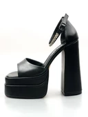 Basskan Zoon Siyah Cilt Yüksek Çift Platform Önü Açık Sandalet Ayakkabı - 1