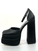 Basskan Poon Siyah Saten Yüksek Çift Platform Önü Kapalı Sandalet Ayakkabı - 1