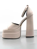 Basskan Zoon Bej Cilt Yüksek Çift Platform Önü Açık Sandalet Ayakkabı - 1