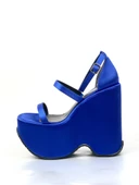 Basskan Mavi Sofya Saten Yüksek Dolgu Platform Bilekten Bağlama Sandalet - 1