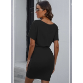 Kadın Kayık Yaka Kısa Kollu Yarasa Kol Beli Kuşaklı Viskon Elbise - 2