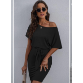 Kadın Kayık Yaka Kısa Kollu Yarasa Kol Beli Kuşaklı Viskon Elbise - 3