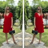 Kadın Kısa Kollu Ribanalı V Yaka Cepli Viskon Elbise - 3