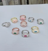 Beyaz Mineli Ortası Yeşil Taş Göz Gümüş Yüzük - 5