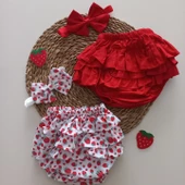 MARS BABY Kız Bebek Kırmızı Çilek Desenli Fırfır Şort Etek Bandana Takımı - 1