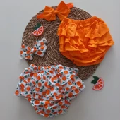 MARS BABY Kız Bebek Turuncu Portakal Desenli Fırfır Şort Etek Bandana Takımı - 1