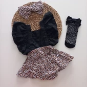 MARS BABY Kız Bebek Leopar Desenli Fırfırlı Salopet Bandana Siyah File Çorap Takım - 1