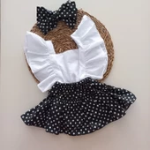 MARS BABY Kız Bebek Siyah Puantiye Desenli Fırfırlı Salopet Bandana Takım - 1