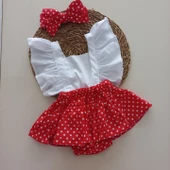 MARS BABY Kız Bebek Kırmızı Puantiye Desenli Fırfırlı Salopet Bandana Takım - 1
