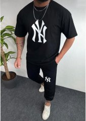 NO 601   Erkek Siyah NY Baskılı Oversize BOL KALIP Tshirt + Siyah Yazlık İnce  Eşofman Altı NY Takım - 1