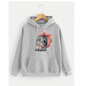 NO 601  GRİ KAPŞONLU KEDİ BASKILI KADIN SWEAT - 1