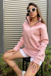 NO 601  pudra dik yaka fermuarlı kadın sweatshirt - 1