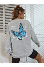 NO 601  Gri Oversize Sweatshirt Mavi Kelebek Baskı - 1