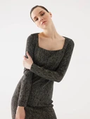 Triko Kare Yaka Siyah Elbise - 2