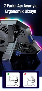Coofbe Profesyonel Laptop Soğutucu 2 USB Giriş RGB Işıklı Göstergeli 5 Fanlı 7 Farklı Yükseklik Ayarlı - 6