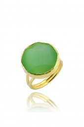 Güneş Taşı Kedi Gözü Yuvarlak Yeşil 22 Ayar Gold Altın Sarı Kaplama Kadın Yüzük - 1