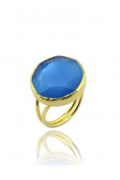 Güneş Taşı Kedi Gözü Yuvarlak Mavi 22 Ayar Gold Altın Sarı Kaplama Kadın Yüzük - 1