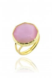 Güneş Taşı Kedi Gözü Yuvarlak Pembe 22 Ayar Gold Altın Sarı Kaplama Kadın Yüzük - 1