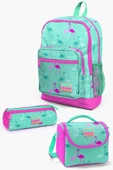 Coral High Kids Su Yeşili Neon Pembe Flamingo Desenli 3'lü Okul Çanta Seti thumbnail 1