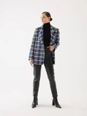 Ekose Desen Saks Kruvaze Oversize Blazer Ceket - 1