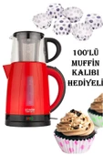 Hediyeli Kırmızı Optimal Plus Elektrikli Çay Makinesi 100lü Muffin Kalıbı Anneler Günü Özel - 1