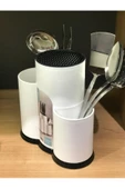 Beyaz Tezgah Üstü Bölmeli Kaşık Bıçak Standı + 5 Li Çelik Düz Servis Seti Kepçe Kevgir Takımı thumbnail 3