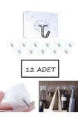 12 Adet Tekli Şeffaf Güçlü Duvar Askısı Yapışkan Vantuz Kanca Mutfak Banyo Askılık - 1