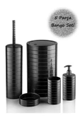 Moblen Siyah Yuvarlak Banyo Seti 5'li Set Çöp Kovası Diş Fırçalık Sıvı Sabunluk - 1
