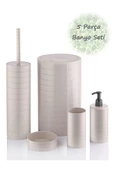 Moblen Bej Yuvarlak Banyo Seti 5'li Set Çöp Kovası Diş Fırçalık Sıvı Sabunluk - 1
