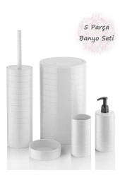 Moblen Beyaz Yuvarlak Banyo Seti 5'li Set Çöp Kovası Diş Fırçalık Sıvı Sabunluk - 1